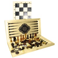 Игра "3 в 1" деревянная Большая с гроссмейстерскими шахматами (шахматы грос., шашки, нарды) 200х400 мм 02-17